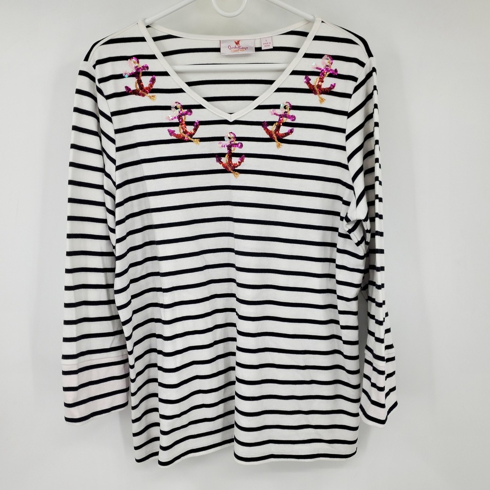 Quacker Factory Womens Large Striped Sequin Anchor V-Neck Top Black White Boho